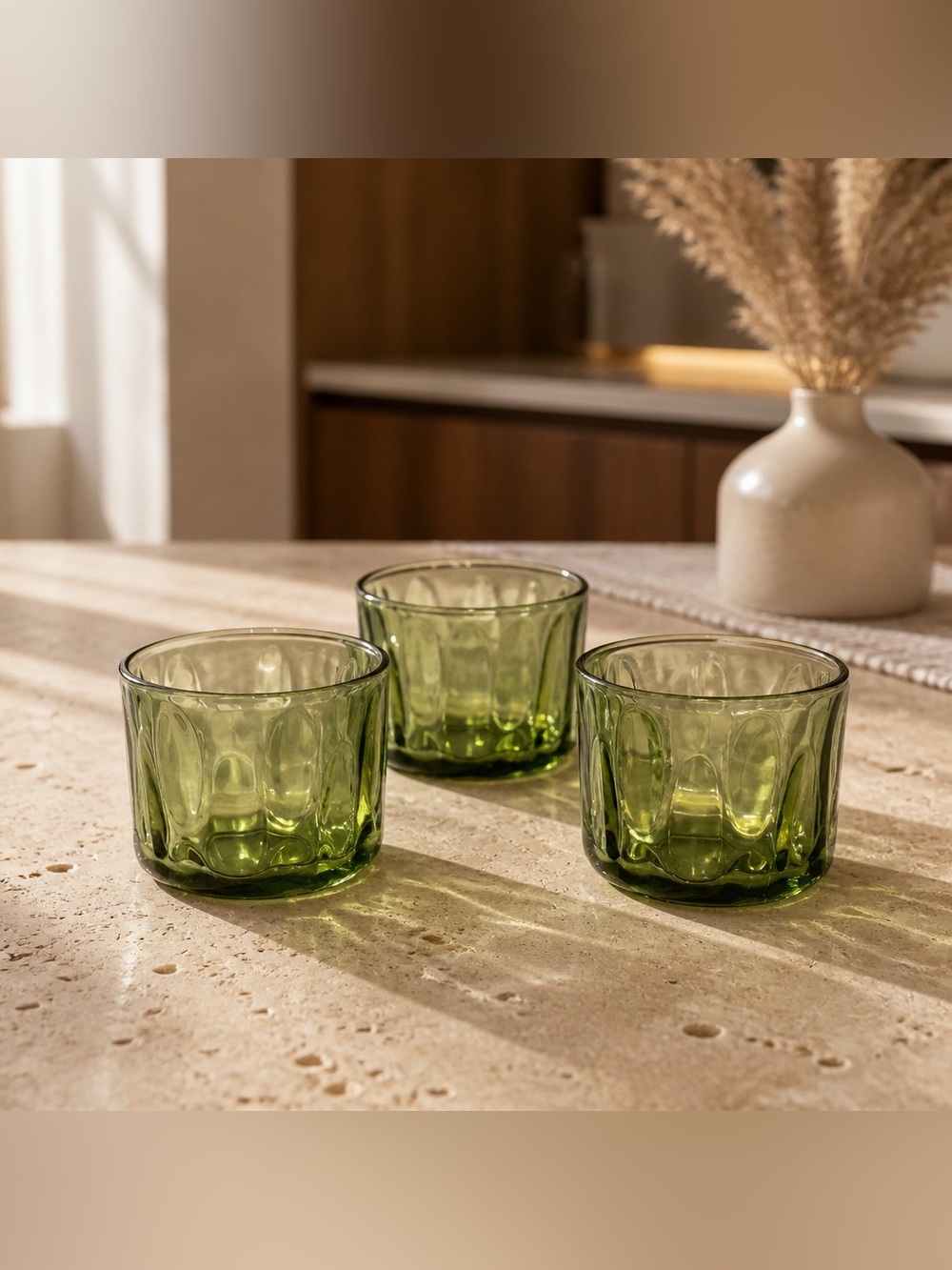 Hazel-Atlas "Lyric" pattern whiskey tumblers in Avocado Green 4-8 oz. Size.
